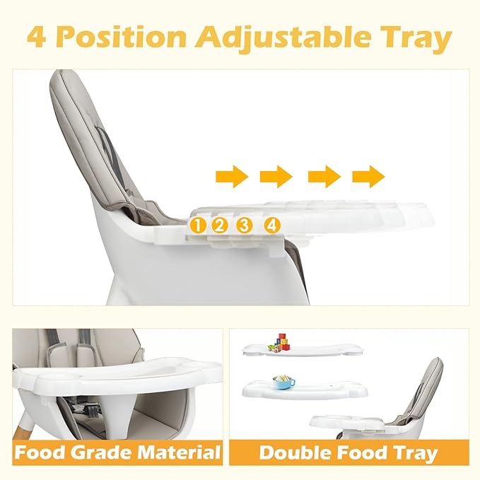 S AFSTAR 5 in 1 Baby High Chair, Convertible High Chairs for Babies and Toddlers, Toddler Chair and Table Set w/ 5-Point Safety Belt, Double Food Trays, PU Cushion, Gray