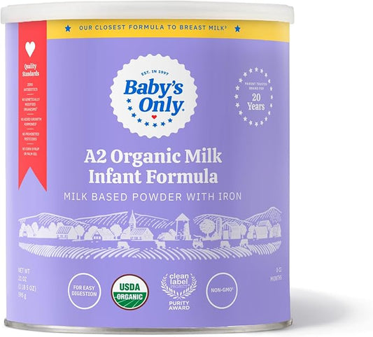 Baby's Only A2 Organic Milk Infant Formula, A2 Milk Based Powder, Organic Baby Formula with A2 Beta-Casein Protein, Iron, Vitamin E, Vitamin D, Easy to Digest, Newborn to 12 Months Old, 21 oz, 1 Pack