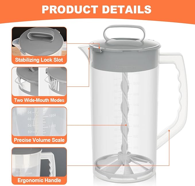 Breast milk pitcher, 64oz/ 2000ml Mixing pitcher with lid, Mixing baby formula,coffee, milk and juice with Angled Plastic Blades and Adjustbale mixer plunger (one pack)
