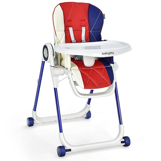 BABY JOY High Chair for Babies & Toddlers, Foldable Highchair with Adjustable Backrest/Footrest/Seat Height, Double Removable Trays, Detachable Seat Cushion, 4 Lockable Wheels (Colorful)