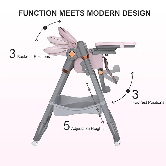 3-in-1 Foldable High Chair for Babies & Toddlers, Adjustable Height, Reclining Seat, Wheels with Safety Locks, Removable Tray, Space-Saving Multifunctional Baby Dining Chair (Pink)