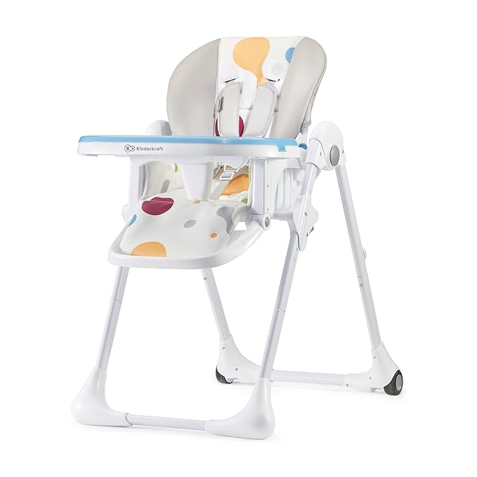 Kinderkraft Highchair Yummy, Baby Chair, Ergonomic, Comfortable, Reclining, Foldable, with Ajustable Height, Footrest, Detachable Double Tray, for Toddler, from 6 Month to 3 Years, Multicolor