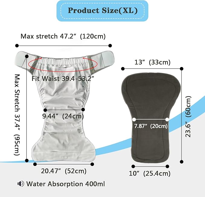 2 Pack Adult Cloth Diapers with 4 Diaper Inserts, Washable Reusable Adult Diaper Cover Elderly Incontinence Protection Nappies Underwear Adult Diaper for Women Man, Waist 39.4-53.2” (Gray XL)