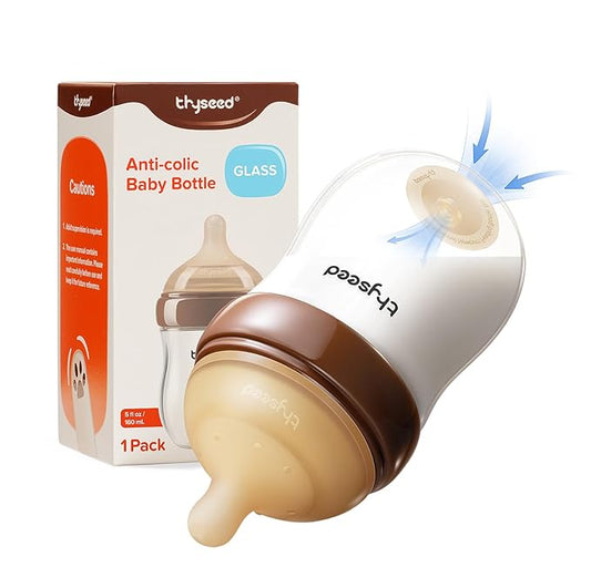 Thyseed Anti-Colic Glass Baby Bottle for Breastfed Infants, Paced Feeding, Breast-Like Newborn Slow Flow Nipple (1m+), 5 oz, 1 Pack