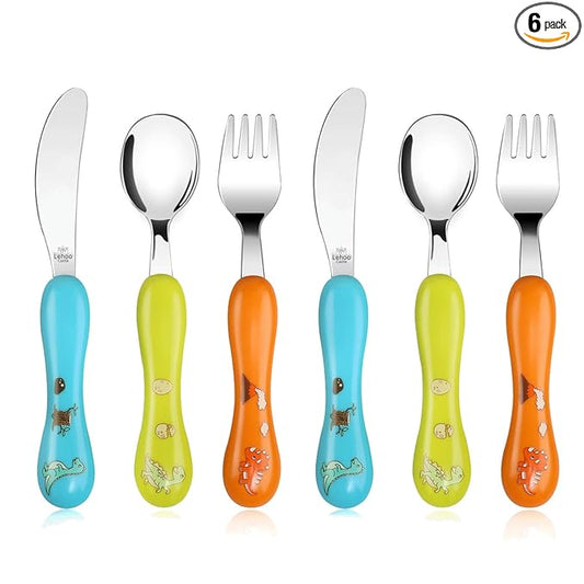 Lehoo Castle 6 Pieces Toddler Utensils, Kids Silverware for 2 3 4 Years Old, Stainless Steel Knife Fork and Spoon Set with Plastic Handle, Safe Toddler Cutlery (Orange)