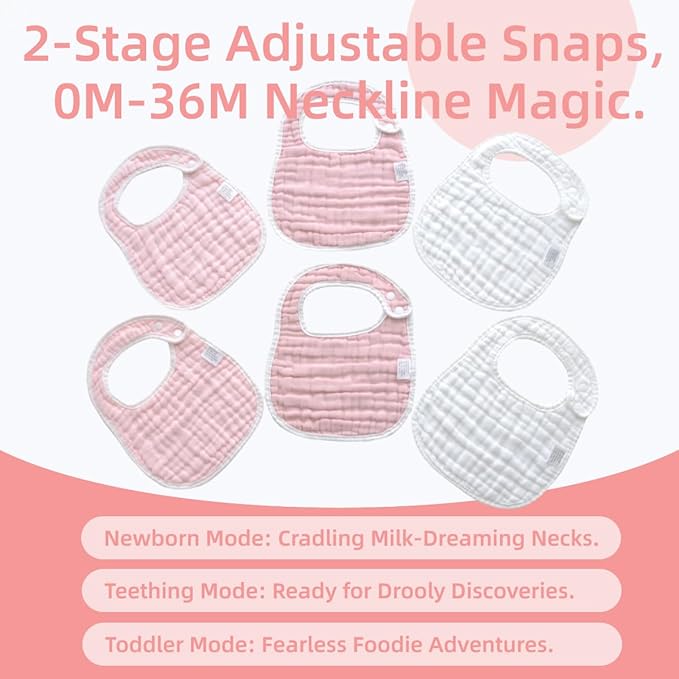 MUKIN Baby Muslin Bibs and Burp Cloths, 6 Pack, Soft Absorbent Cotton, Adjustable