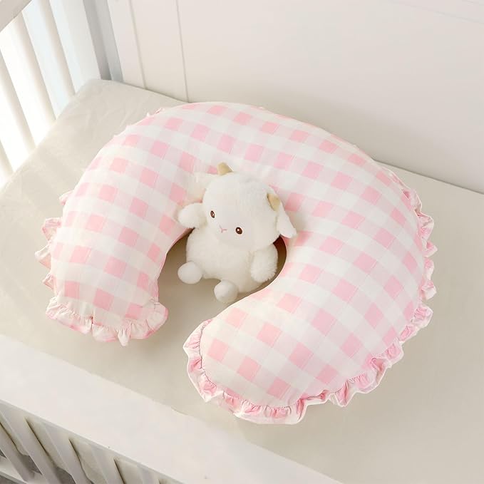 DILIMI Nursing Pillow Cover, Removable Ruffled Pillowcase for Breastfeeding Pillows, Ultra Soft Comfortable Slipcover for Baby Girl and Boy, Pink Gingham