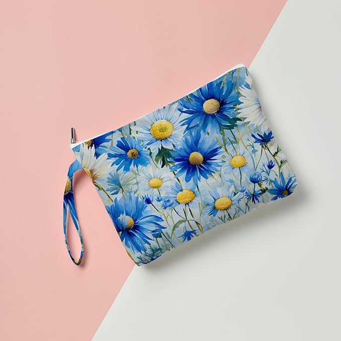 Fokongna Floral Print Wet Bag, Small Portable Waterproof Multi-Functional Organizer for Women, Blue Yellow Daisy, Ideal for Daily, Beach & Travel