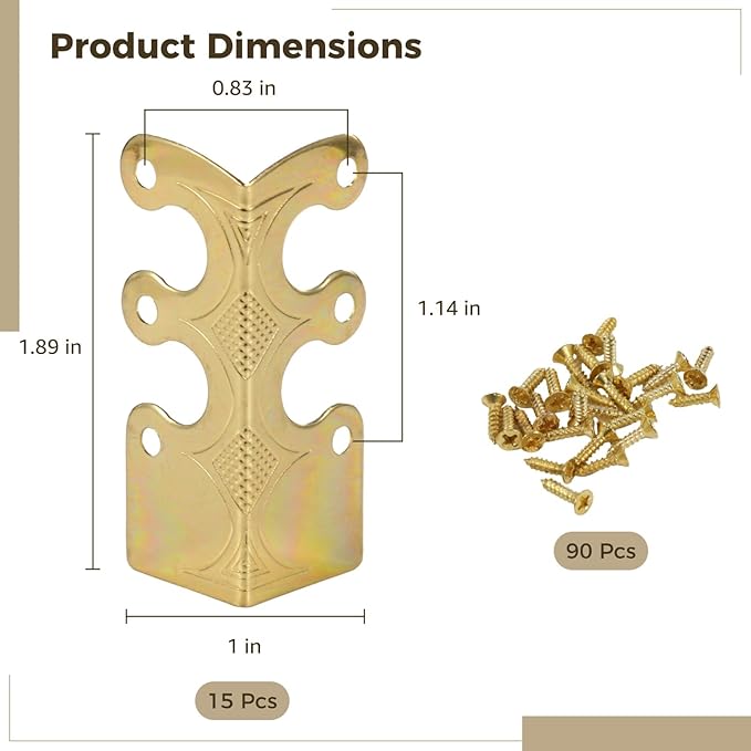 15 Pcs Baseboard Corner Protectors, Vintage Brass Skiffers with Screws, Antique-Style Skirting Board Corner Guards, Decorative Corner Covers for Furniture and Wall Protection