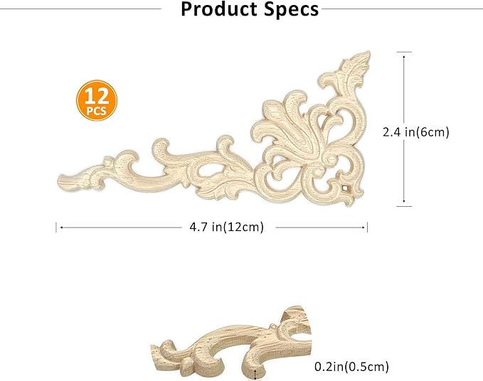 12Pack Wood Appliques and Onlays Decorative Wooden Applique Carved Onlay, 4.7×2.4 inch Corner DIY Carving Decal Trim for Furniture Cabinet Bed Door Wardrobe Closet Mirror Photo Frame Decoration
