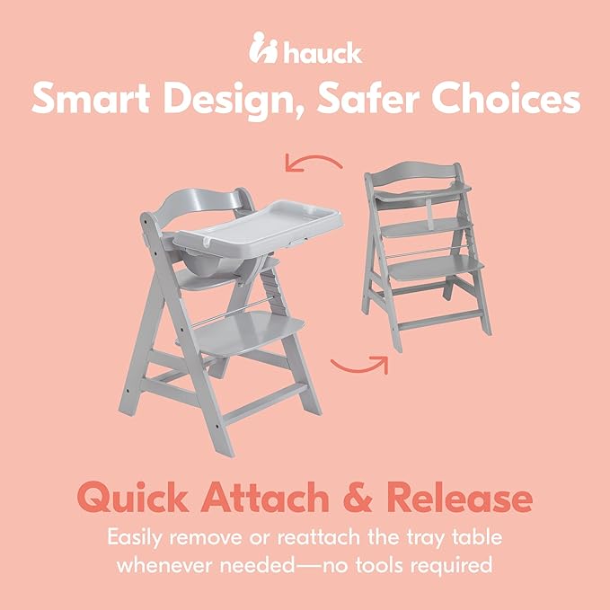 hauck Alpha Removable Non Slip High Chair Table Tray with Adjustable Depth, Compatible with Wooden Grow-Along Alpha+ and Beta+, Accessory Only, Grey,