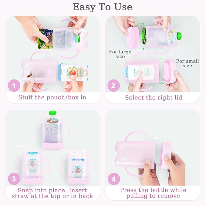MOMUSE Dual-Lid Squeeze Pouch Holder for Food Pouches & Drink Boxes, Baby Pouch Holder with Larger Capacity, Versatile Design for Self-Feeding, Anti-Squeeze Pouch Holder No Spill No Mess, Pink