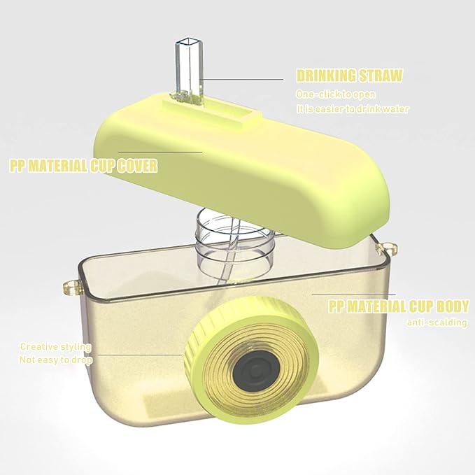 13 oz Cute Water Bottle with Straw - Camera Shape Water Cup with Adjustable Shoulder Straps - Ideal Kawaii Gift for School (Yellow)