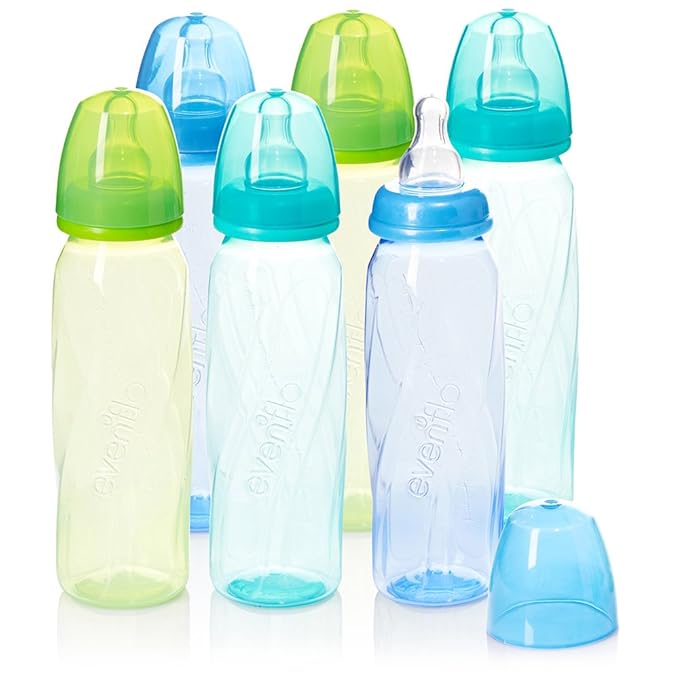 Evenflo Feeding Premium Proflo Vented Plus Polypropylene Baby, Newborn and Infant Bottles - Helps Reduce Colic - Teal/Green/Blue, 8 Oz, 6 Bottles