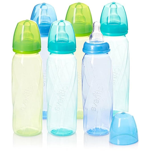 Evenflo Feeding Premium Proflo Vented Plus Polypropylene Baby, Newborn and Infant Bottles - Helps Reduce Colic - Teal/Green/Blue, 8 Oz, 6 Bottles