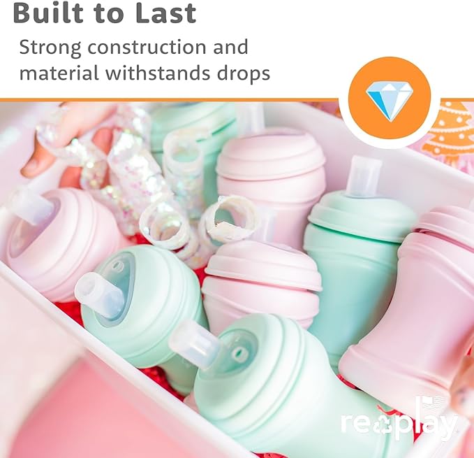Re-Play Transition Sippy Cups for 1 Year-Old - Medical Grade Silicone Soft Spout & Travel Lid, Easy to Hold Hourglass Shape, Made in USA - 8 Oz. - Set of 2 - Ice Blue/Sage
