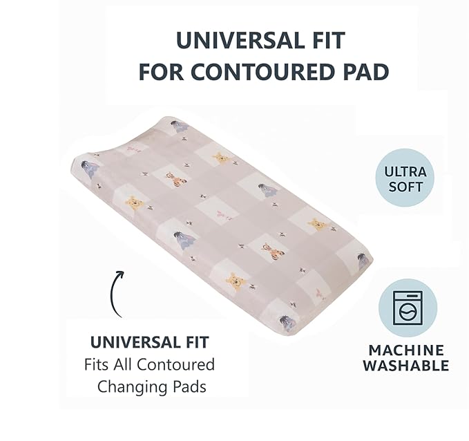 Disney Winnie The Pooh Hugs and Honeycombs Grey and White Plaid with Piglet, Tigger and Eeyore Contoured Changing Pad Cover