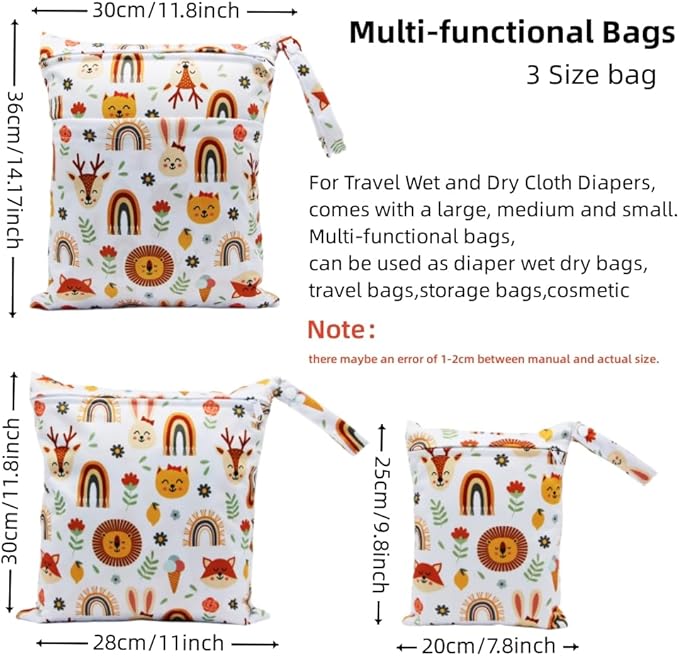 3pcs Cloth Diaper Wet Dry Bags Waterproof Reusable with Two Zippered Pockets Travel Beach Pool Daycare Soiled Baby Items Yoga Gym Bag for Swimsuits or Wet Clothes (rainbow fox)