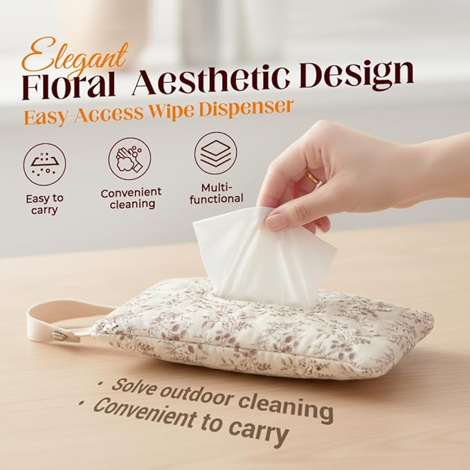 2 PCS Floral Quilted Baby Wipe Holder Pouch with Strap, Reusable Portable Wipes Case for Stroller & Diaper Bag, Leak-Proof Travel Wipes Dispenser with Floral Pattern (Mix)
