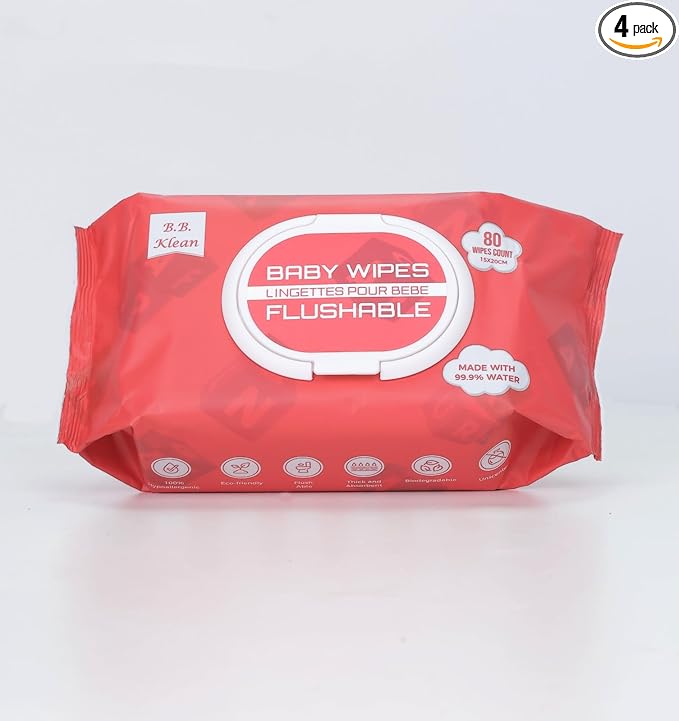 B.B. Klean Flushable Baby Wipes | Hypoallergenic | Sensitive Skin | Thick & Absorbent | Durable | Unscented | 99.9% Water | Eco-Friendly | 80 Wipes Inside (4)
