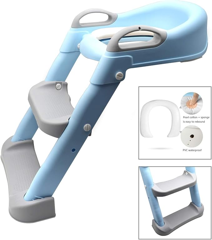 Classic Potty Training Toilet Ladder Seat With Upgraded Cushion Step Stool Ladder Toilet Trainer for Baby Toddler Kids Children In Blue [P/N: ET-BABY002-BLUE STEP-C]