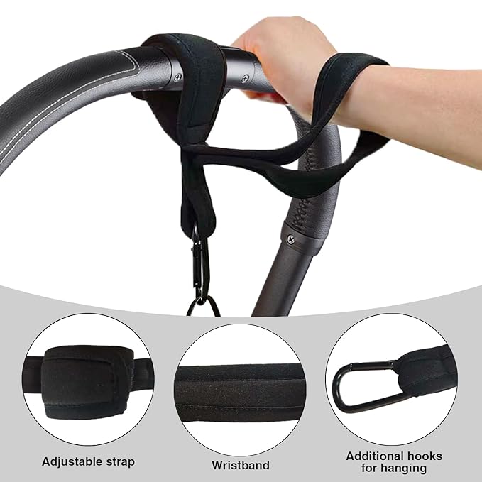 Baby Leash Handle Strap for Baby Stroller Handle Strap for Baby Stroller Safety Wrist Leash with Hooks for Storing Items Security-Accessory for Child Safety Compatible with Most Strollers (Black)