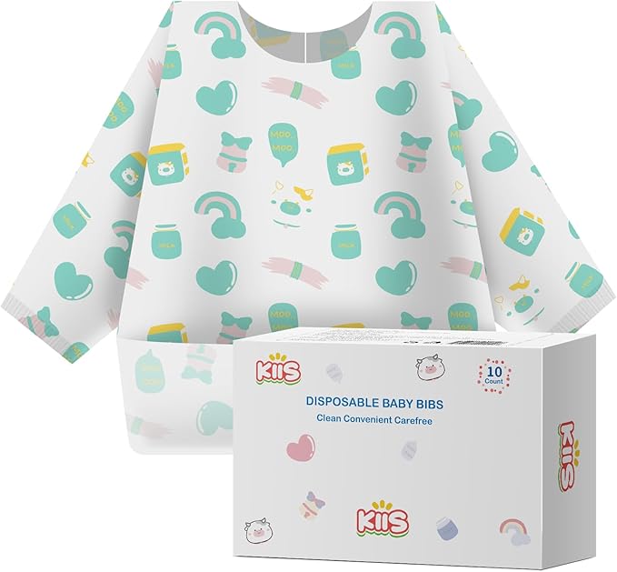 KIIS Disposable Baby Bibs, Waterproof Smock Bibs, Full Coverage for Toddlers & Kids, Mess-Free Feeding for Travel & Daycare