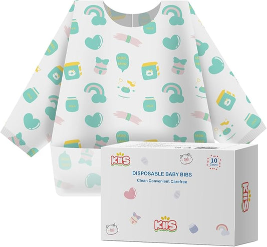 KIIS Disposable Baby Bibs, Waterproof Smock Bibs, Full Coverage for Toddlers & Kids, Mess-Free Feeding for Travel & Daycare