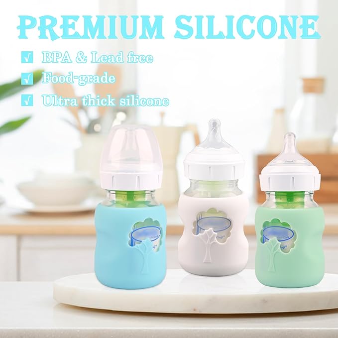 3 Pack Silicone Sleeves for Dr. Brown's Natural Glass Baby Bottles, Anti Breakage Baby Bottle Holder, Compatible Dr. Brown Wide-Neck Glass Baby Bottles 5 oz (White+Blue+Green)