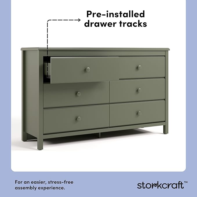 Storkcraft Alpine 6-Drawer Dresser (Olive) – GREENGUARD Gold Certified, Green Dresser for Bedroom, Kids & Nursery Storage Drawers, Safety Interlocking Drawers, Pre-Installed Tracks, Kids Bedroom