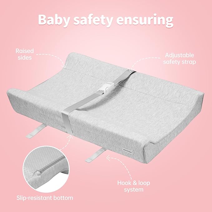 Baby Soft Changing Pad with Washable Cover, Baby Diaper Changing Pads for Dresser Top with Safety Strap,Non Slip Bottom, Topper for Standard Size Infant Diaper Table & Dresser(Gray)
