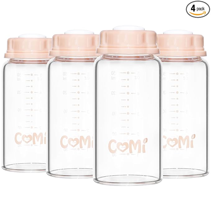 COMI Natural Glass Baby Bottle,Standard Neck Breastmilk Storage Bottle for Fridge,Breast Milk Container,Breast Pump Bottle Compatible with Medela Breast Pump,BPA Free,4PCS(5oz,4 Pink Lids)