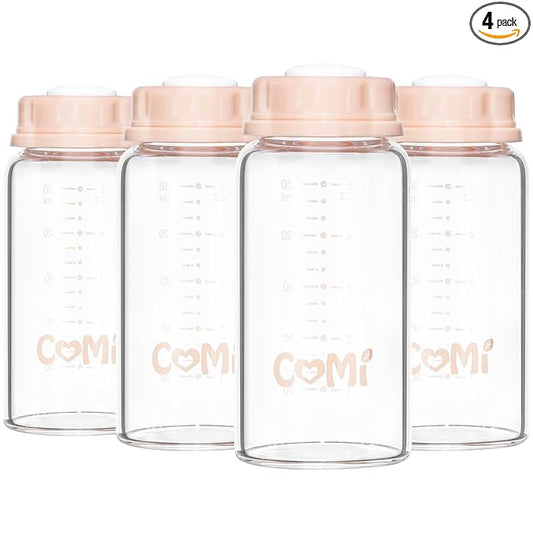 COMI Natural Glass Baby Bottle,Standard Neck Breastmilk Storage Bottle for Fridge,Breast Milk Container,Breast Pump Bottle Compatible with Medela Breast Pump,BPA Free,4PCS(5oz,4 Pink Lids)
