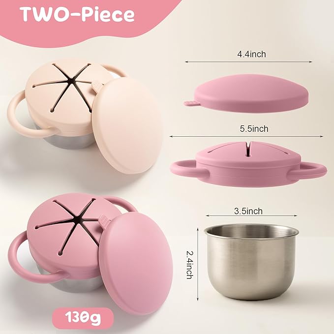Bufilea Snack Containers for Toddlers, Stainless Steel Toddler Snack Cups with Silicone Food Catcher & Lids,Snack Cups for toddlers Spill Proof (RosePink Creamy, Pack of 2)