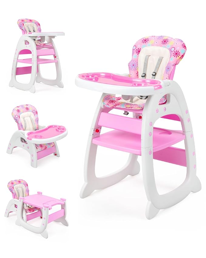 High Chair, Convertible Highchairs for Babies and Toddlers, Easy Clean Baby High Chair, 3 in 1 Feeding Chair for Eating, Adjustable Infant Chair for Toddlers 1-3, Baby Food Chair, Pink