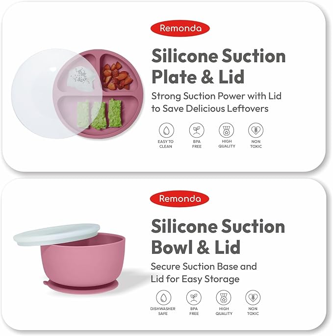 Remonda 23-Piece BPA-Free Silicone Baby Feeding Set | Extra Large Suction Plates, Toddler Bowls, Self Feeding Spoons, and More | Dishwasher Safe| Baby Led Weaning Supplies (Red) A1