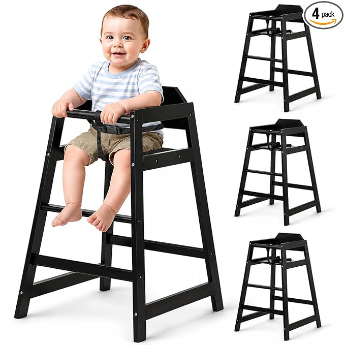 4-Pack Wooden Baby High Chair -Stack-able Solid Wood Feeding Seats, with Commercial Grade Solid Wood for Dining Table & Kitchen - Compact & Portable Design for Restaurant & Home Use（Black）
