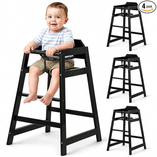 4-Pack Wooden Baby High Chair -Stack-able Solid Wood Feeding Seats, with Commercial Grade Solid Wood for Dining Table & Kitchen - Compact & Portable Design for Restaurant & Home Use（Black）
