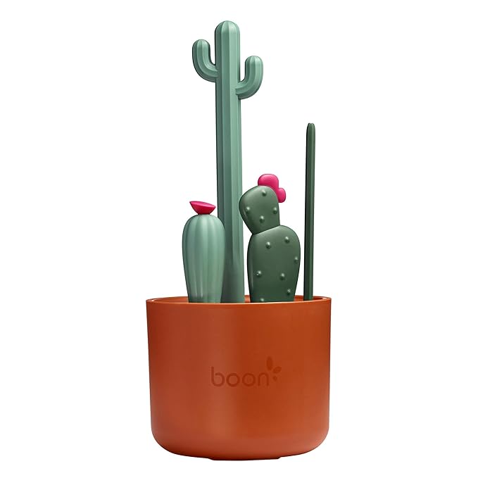 Boon Nursh Reusable Silicone Baby Bottles with Pouch Design - Stage 1 Slow Flow - 4 Oz - 3 Count and Boon Cacti Bottle Cleaning Brush Set - 4 Count