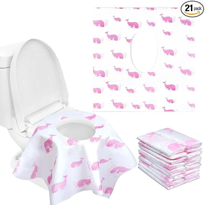 21 Pack Toilet Seat Covers Disposable, Extra Large Disposable Toilet Seat Covers for Adults, Individually Wrapped Potty Training Liners with Non-Slip Adhesives for Kids in Home, Restrooms&Travel -Pink