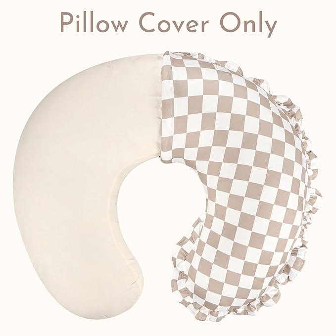 DILIMI Nursing Pillow Cover, Removable Ruffled Pillowcase for Breastfeeding Pillows, Ultra Soft Comfortable Slipcover for Baby Girl and Boy, Coffee Gingham