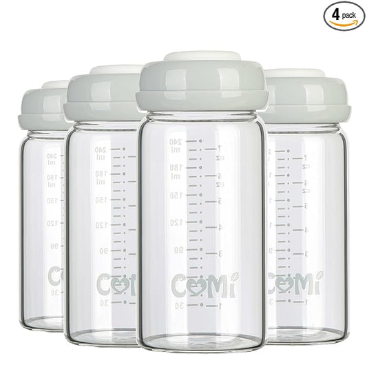 COMI Wide Neck Glass Breastmilk Collection n Storage Bottle, 8oz with Screw Ring Sealing Disk; Re-markable Sealing Disc. BPA Free, Fits Breast Pumps & Nipples (4 Gray Lids)
