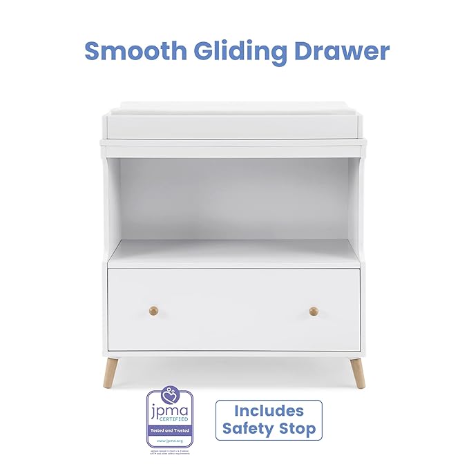 Delta Children Essex Convertible Changing Table with Drawer, Bianca White/Natural