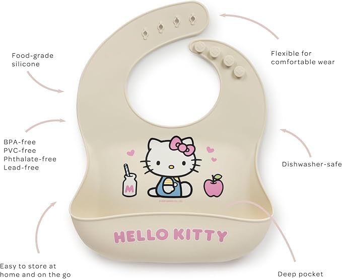JuJuBe x Hello Kitty Cherry Blossoms Silicone Baby Bib, Soft Baby Bibs for Toddlers, Adjustable Neck, Deep Pocket for Mess Control, Dishwasher Safe, Easy to Clean Toddler Feeding Essentials