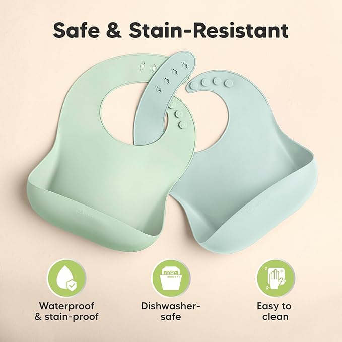 KeaBabies 2-Pack Silicone Bibs for Babies, Toddlers Girl, Boy – Sturdy Food-Grade Baby Bibs for Eating, Large Food Catcher, Clean & Put On Easily, Waterproof Toddler Feeding Essentials(Pastel Sky)