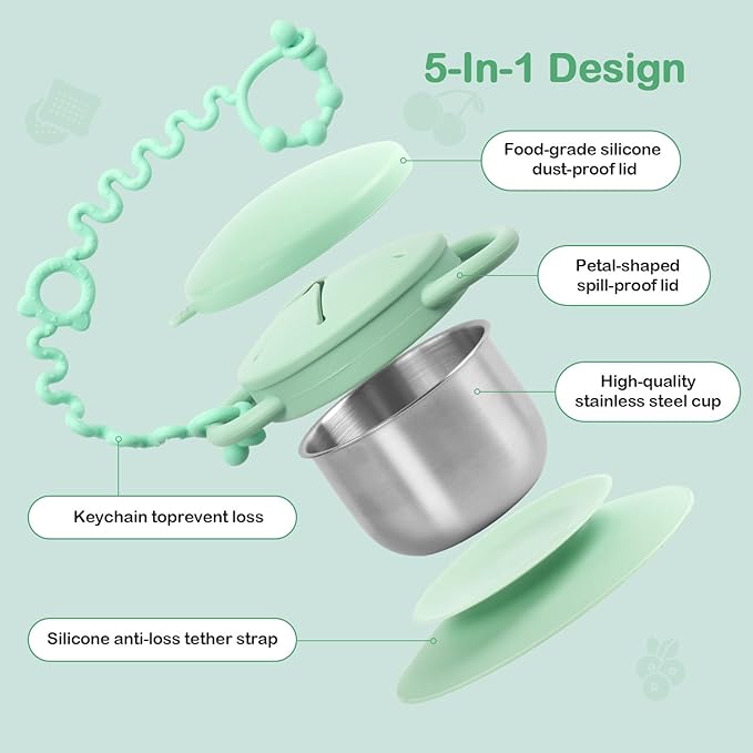 Daximo 2 Pack Toddler Snack Cups — 5-in-1 Snack Cups for Toddlers Spill Proof with Suction Cup and Anti-Loss Rope, Detachable Stainless Steel Cups with Silicone Lids & Handles (Blue and Green)