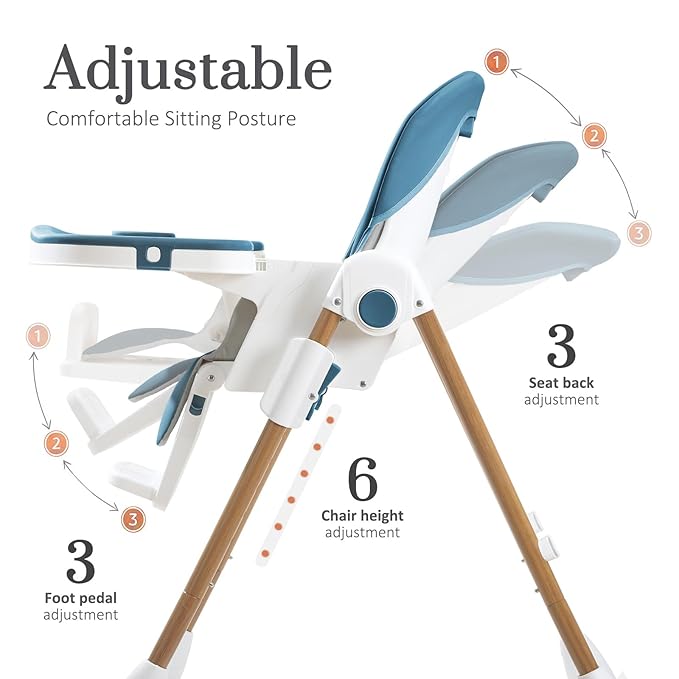 Foldable High Chairs for Babies and Toddlers, 3-in-1 Convertible Baby High Chair with Removable Soft Cushion and Tray, Adjustable Height & Recline, Lockable Wheels, Dark Blue