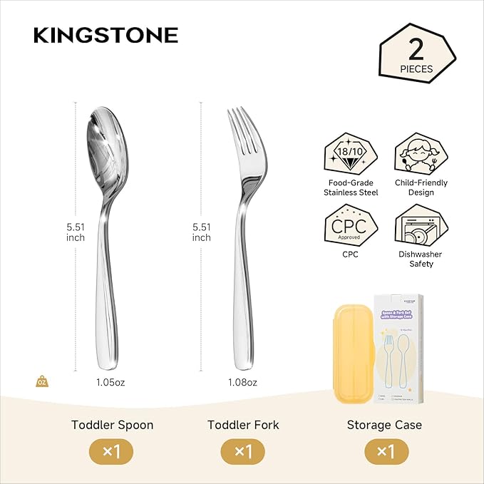KINGSTONE Toddler Utensils Set with Case, 18/10 Stainless Steel Kids Silverware - Children Safe Small Fork & Spoon, Food-Grade Toddler Dishes, Mirror Polished, Dishwasher Safe