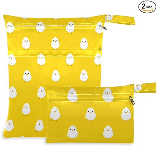 visesunny Chick Animal 2Pcs Wet Bag with Zippered Pockets Washable Reusable Roomy Diaper Bag for Travel,Beach,Daycare,Stroller,Diapers,Dirty Gym Clothes,Wet Swimsuits,Toiletries