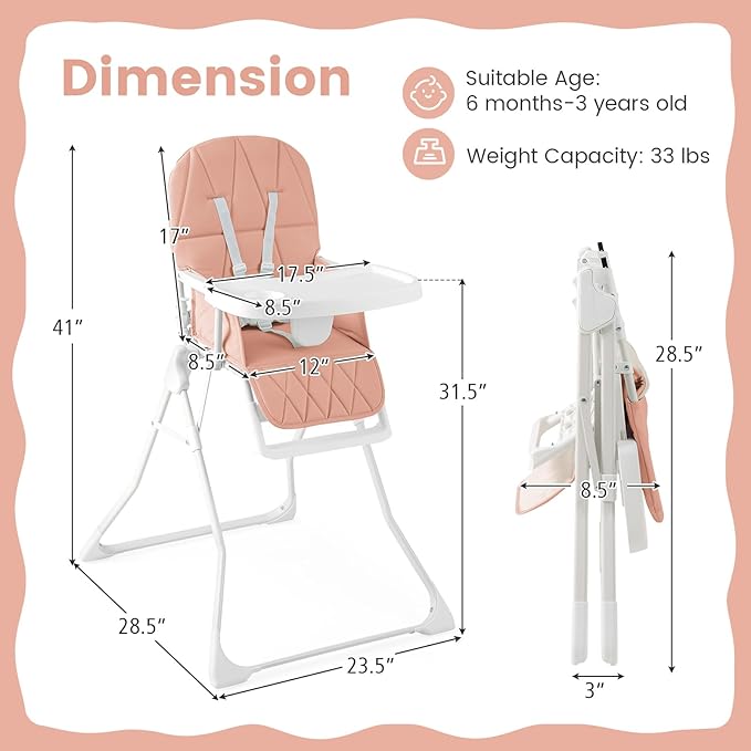 HONEY JOY High Chair, Foldable Baby Feeding Chair, Adjustable Tray & Footrest, Removable Easy-to-Clean PU Seat Cushion, 5-Point Harness, Cup Holder, Highchairs for Babies and Toddlers (Pink)